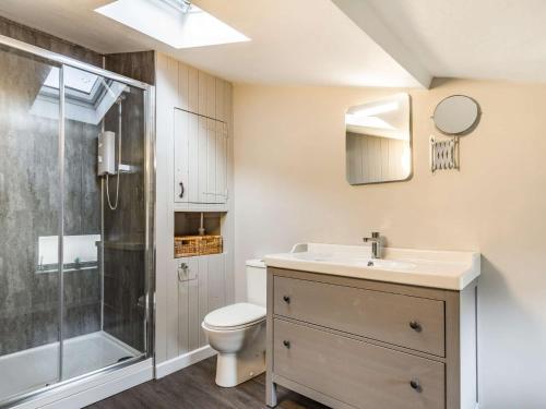 ein Bad mit einem WC, einem Waschbecken und einer Dusche in der Unterkunft 1 Bed in Wadebridge 87740 in Wadebridge