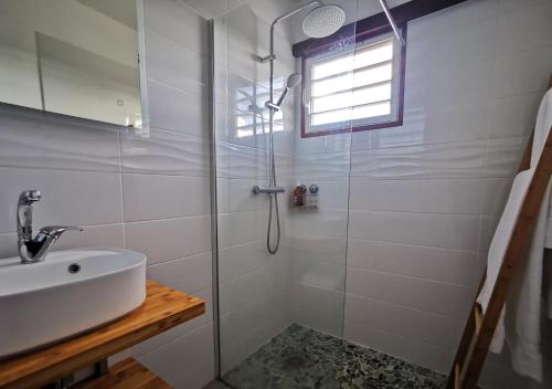 a bathroom with a shower and a sink at Villa - 3 chambres climatisées - proche plages Nord Grande-Terre in Anse-Bertrand