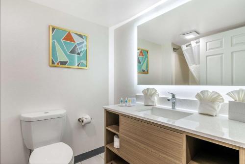 麥迪遜的住宿－Comfort Inn & Suites，一间带卫生间、水槽和镜子的浴室