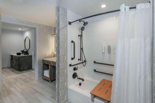 a bathroom with a tub and a shower with a shower curtain at Embassy Suites By Hilton Asheville Downtown in Asheville