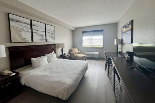 Country Inn & Suites by Radisson, Port Charlotte, FL في بورت شارلوت: غرفة فندقية بسرير ومكتب مع تلفزيون