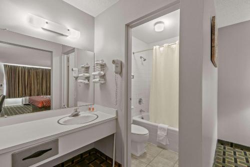 een badkamer met een wastafel, een toilet en een spiegel bij Econo Lodge in Clemson