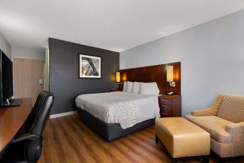 um quarto de hotel com uma cama, uma secretária e uma cadeira em Econo Lodge em Rockford