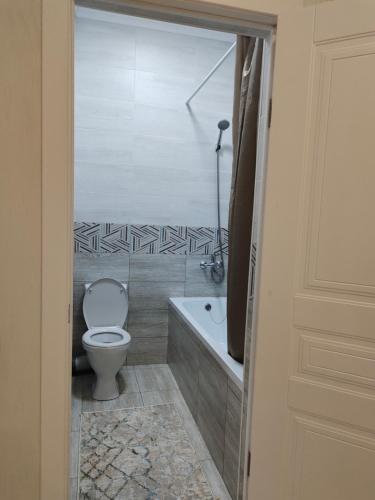 a bathroom with a toilet and a bath tub at ЖК Брюссель in Taldykolʼ