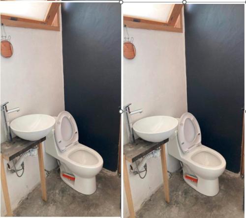 Duas fotografias de uma casa de banho com WC e lavatório. em Apartamento Loft Centrico Amecameca em Amecameca de Juárez