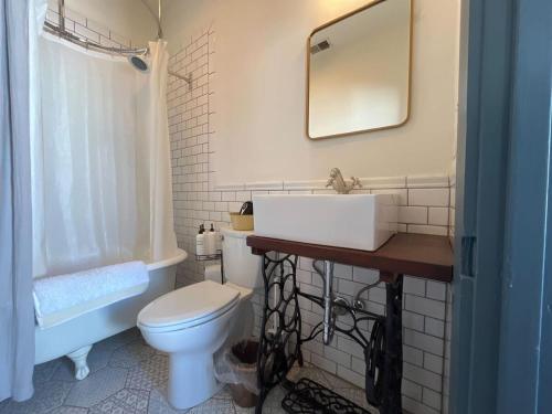 路易維爾的住宿－Tranquil Terrace Retreat in Frankfort，一间带水槽、卫生间和镜子的浴室