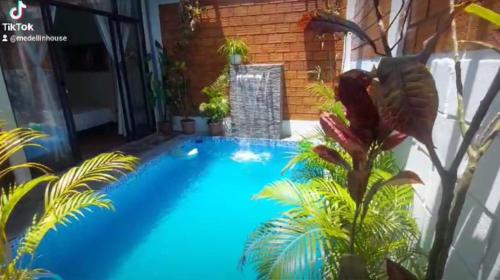 uma grande piscina azul num quintal em Acogedor Suite en Moyobamba - Medellín House I em Moyobamba