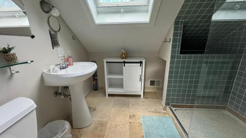 een badkamer met een wastafel en een douche bij Harbert's Gem in Harbert