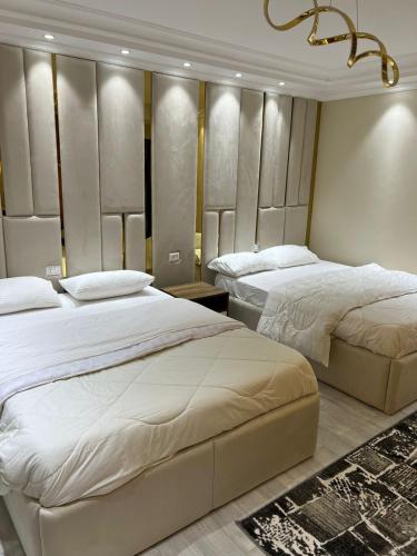 開羅的住宿－دار عزه，一间卧室配有两张床和吊灯。