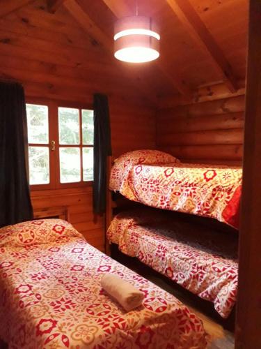 1 dormitorio con 2 camas en una cabaña de madera en cabaña junto al arroyo en San Martín de los Andes