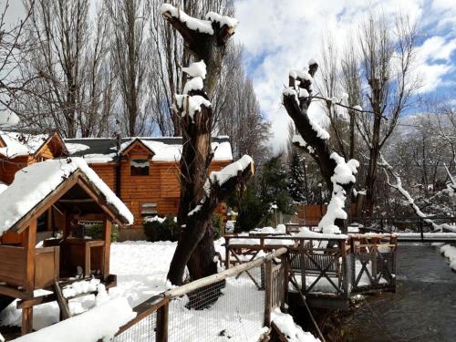 una cabaña de madera en la nieve con un árbol en cabaña junto al arroyo en San Martín de los Andes