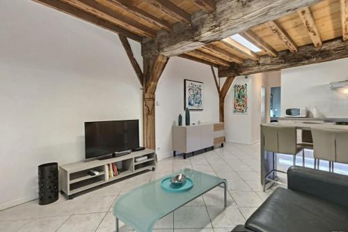salon z kanapą i telewizorem w obiekcie Le Scarabée Bleu - Confort Fonctionnel - Mon Groom w Troyes
