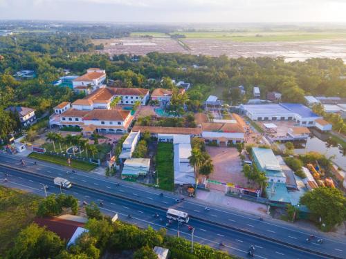 an aerial view of a town with a highway at NGOC THU HOTEL in Soc Trang