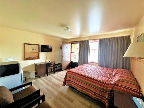 a hotel room with a bed and a television at Red Top Motor Inn in Iron Bridge