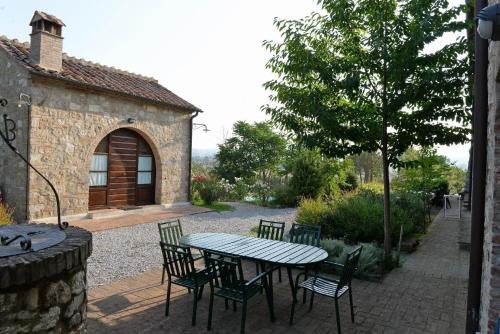 un patio con mesa y sillas y un edificio en Wohnung in Asciano mit Privater Terrasse, en Asciano