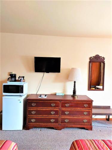 a room with a television and a dresser with a microwave at Red Top Motor Inn in Iron Bridge