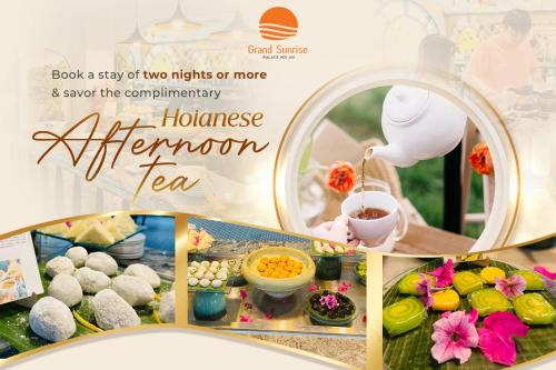 een collage van foto's van eten en een flyer bij Grand Sunrise Palace Hoi An in Hội An