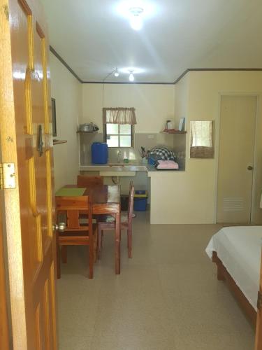 Cette chambre comprend une table, un lit et une cuisine. dans l'établissement Mountain View Cottages, à Mambajao