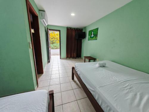two beds in a room with green walls at Bioluminiscencia Hostel Tours - South in Paquera
