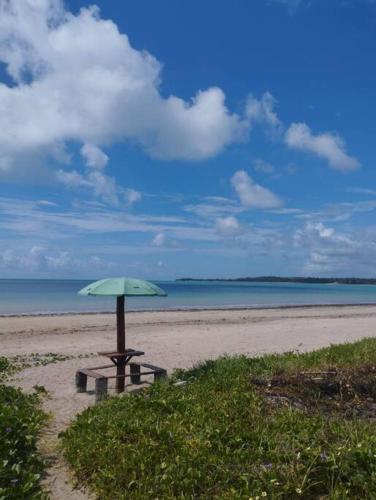a green umbrella sitting on a sandy beach at Casa de praia em Japaratinga.(Pé na areia!) in Japaratinga