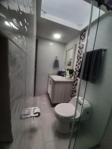 uma casa de banho com um WC, um lavatório e um espelho. em Suite con hamaca y baño privado. em Manizales