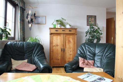 2 sedie in pelle nera sedute in soggiorno di Große Ferienwohnung in Rauenstein mit Garten, Terrasse und Grill und Panoramablick a Rauenstein