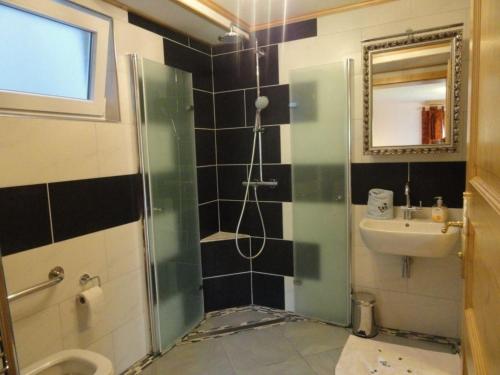 La salle de bains est pourvue d'une douche et d'un lavabo. dans l'établissement Ferienwohnung für sechs Personen im Erdgeschoss, allergikergeeignet und rollstuhlgerecht, à Millstatt