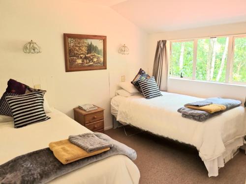 2 camas en una habitación con ventana en Arles Historical Homestead, en Whanganui