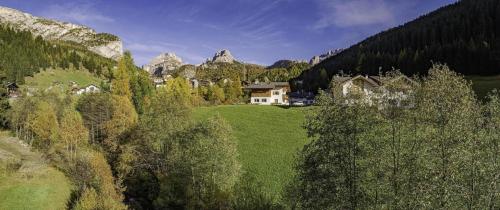 a house on a grassy hill in the mountains at Chalet im Grünen in den Suedtiroler Dolomiten mit 17 Betten in Selva di Val Gardena