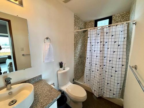 a bathroom with a toilet and a sink and a shower at Artistic Apartment in Zone 4 in Guatemala