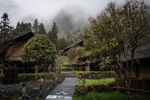 BZIKA Hilltop Tent Hotel في تشانغجياجيه: ممشى في قرية فيها اشجار وغيوم