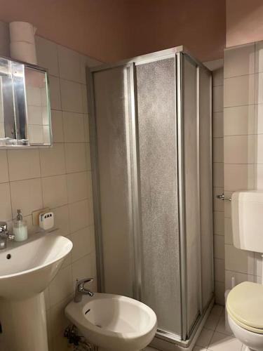 a bathroom with a shower and a toilet and a sink at Minimal Studio con travi a vista in Piacenza