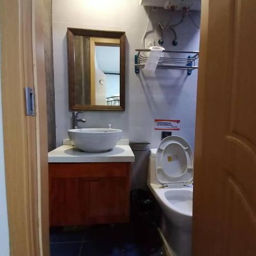 a bathroom with a sink and a toilet and a mirror at Hangzhou Citynest Music B&B in Hangzhou