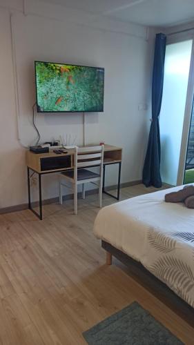 a bedroom with a desk and a tv on the wall at Le studio 27 in Le Tampon