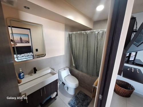 uma casa de banho com um WC, um lavatório e um espelho. em Valley Views -Cozy and Matchless Views of San Jose em San Pablo