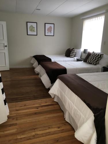 a row of beds in a room with wood floors at NASS Bed & Breakfast in Cuenca