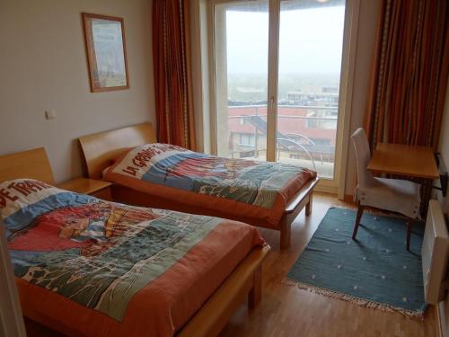 Habitación de hotel con 2 camas y ventana en Seawind 503 with frontal sea view, en Nieuwpoort