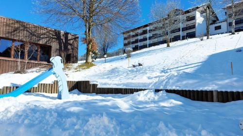 a pile of snow in front of a building at Alp-Juwel mit Pool und Sauna für Familien und Hunde ideal in Missen-Wilhams