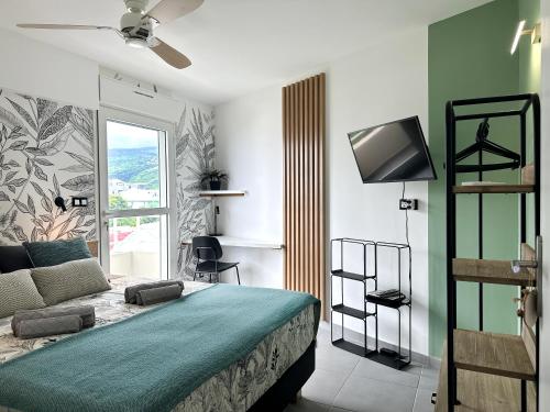 ein Schlafzimmer mit einem Bett, einem TV und einem Sofa in der Unterkunft Melody in Saint-Paul