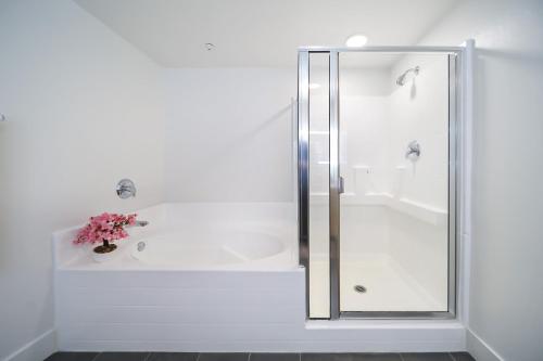 a shower with a glass door in a bathroom at 3 Lux large apartment heart of SM in Los Angeles