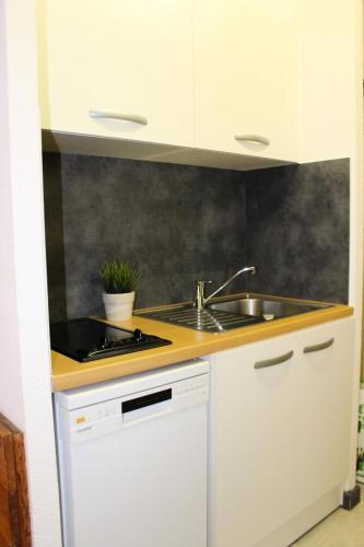une cuisine avec un évier et un plan de travail dans l'établissement Résidence Le Bois D'aurouze - Mini-studio côté vallée au pied des pistes MAE-9731, à Saint-Étienne-en-Dévoluy