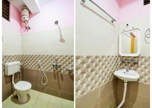 Duas fotografias de uma casa de banho com WC e lavatório. em Hotel Planet 9 Puri - Wonderfull Stay with Family Near Sea Beach em Puri