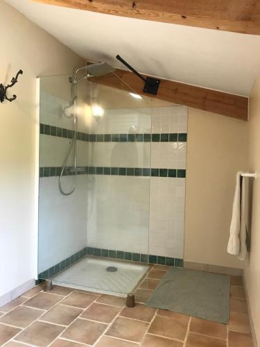 La salle de bains est pourvue d'une douche avec une porte en verre. dans l'établissement Gîte Le Mas du Colombeyras, à Espeluche