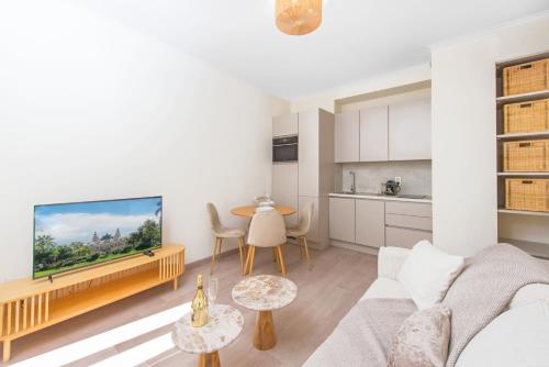un salon avec un canapé et une télévision à écran plat dans l'établissement REPUBLIQUE - Somptueux 2 pièces - 50 mètres de Monaco, à Beausoleil