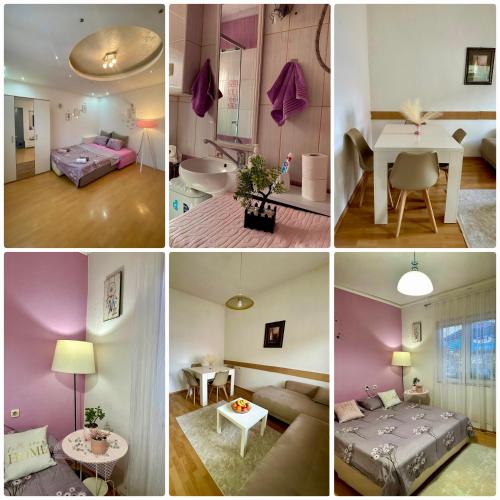 a collage of four pictures of a room at Central Comfort Apartment 5 Minute Walk to Beach, Free Parking, 2 BR in Struga