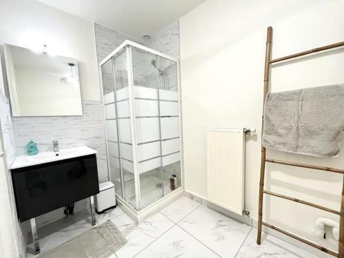 a white bathroom with a shower and a sink at Le Quartz Jaune terrasse / Bourg-de-Péage in Bourg-de-Péage