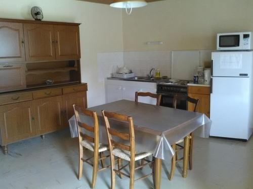 Mas-dʼOrcières的住宿－Gite au pied du mont Lozère 1，厨房配有桌椅和白色冰箱。