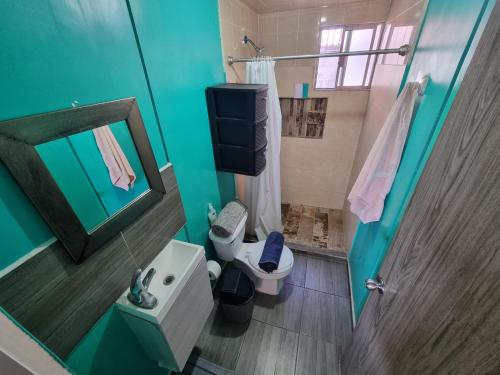 a small bathroom with a toilet and a mirror at Habitacion Monte Caseros in Querétaro