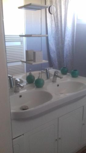 un lavabo con dos tazones verdes. en Maison avec piscine à Aigues Mortes, en Le Grau-du-Roi
