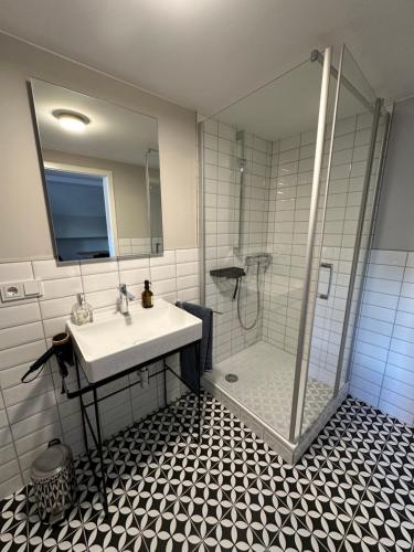 W łazience znajduje się umywalka i prysznic. w obiekcie Apartment III FrauenbergBlick - DOM apartments Fulda w mieście Fulda